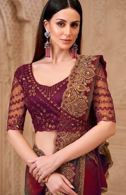 Maroon grey georgette embroidered -saree 2