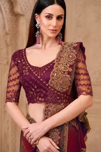 Maroon grey georgette embroidered -saree