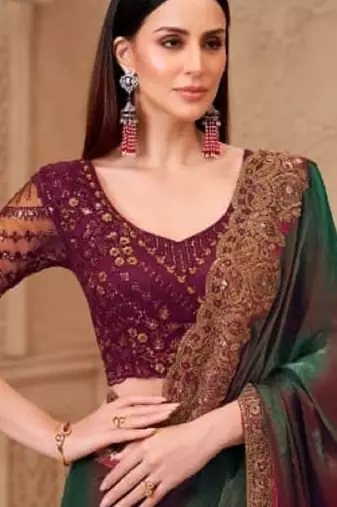 Maroon grey georgette embroidered -saree