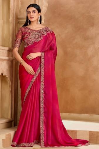 Magenta chiffon embroidered bridal-saree