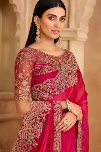 Magenta chiffon embroidered bridal-saree