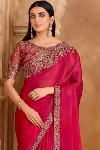 Magenta chiffon embroidered bridal-saree