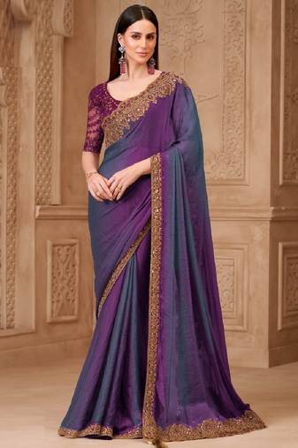 Purple grey georgette embroidered -saree