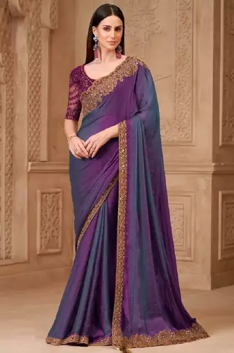 Purple grey georgette embroidered -saree