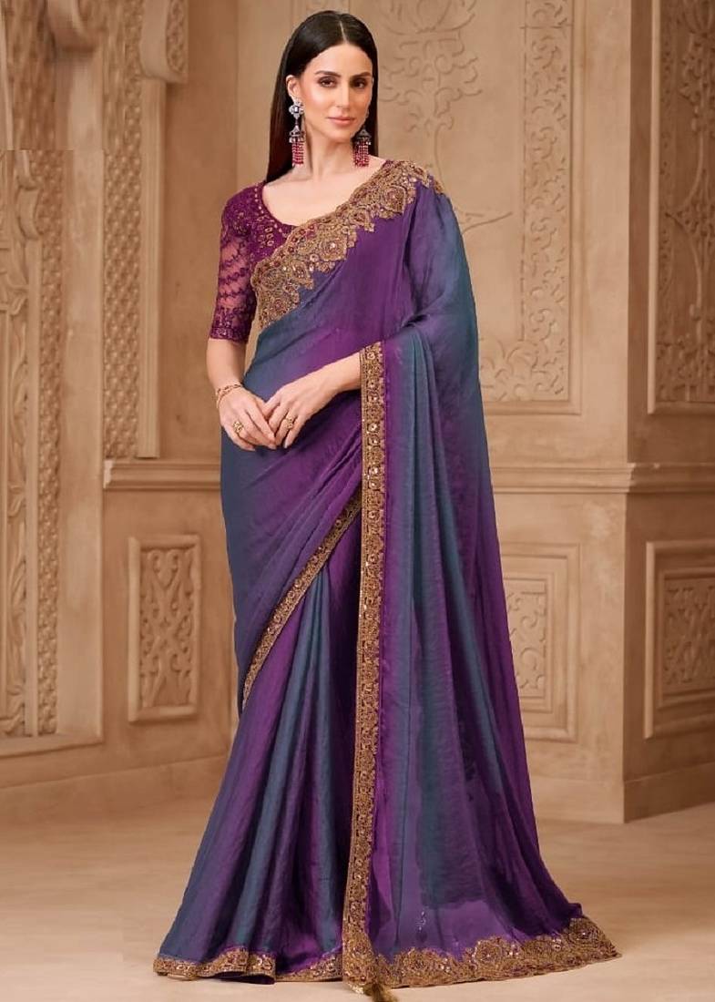 Purple grey georgette embroidered -saree