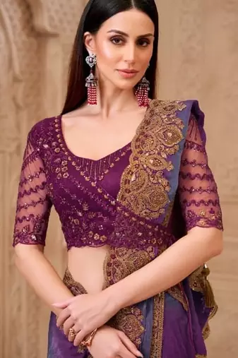 Purple grey georgette embroidered -saree