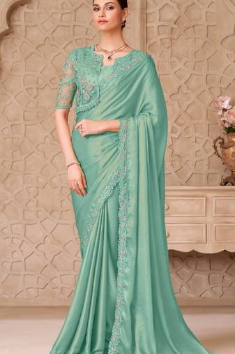 Turquoise green georgette embroidered party-wear-saree