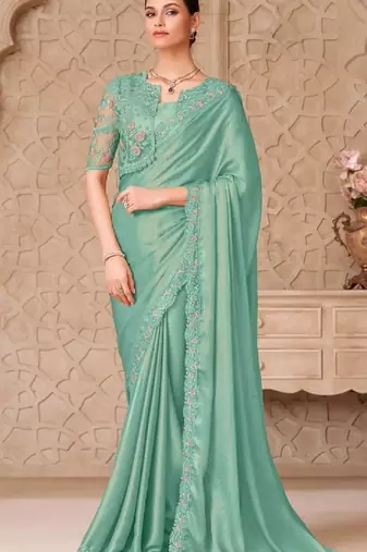 Turquoise green georgette embroidered party-wear-saree
