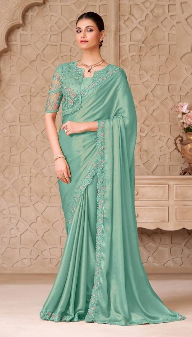 Turquoise green georgette embroidered party-wear-saree