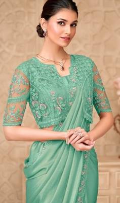Turquoise green georgette embroidered party-wear-saree 2