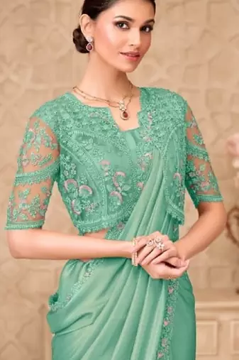 Turquoise green georgette embroidered party-wear-saree