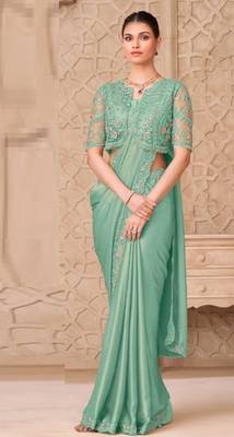 Turquoise green georgette embroidered party-wear-saree 3