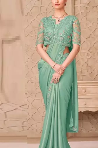 Turquoise green georgette embroidered party-wear-saree