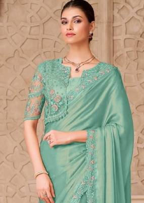 Turquoise green georgette embroidered party-wear-saree 4