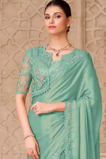 Turquoise green georgette embroidered party-wear-saree