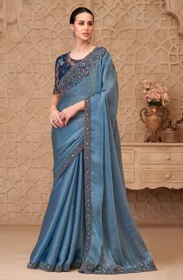 Blue silver georgette embroidered party-wear-saree 1