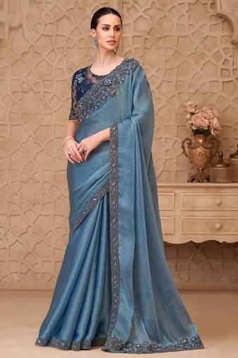 Blue silver georgette embroidered party-wear-saree