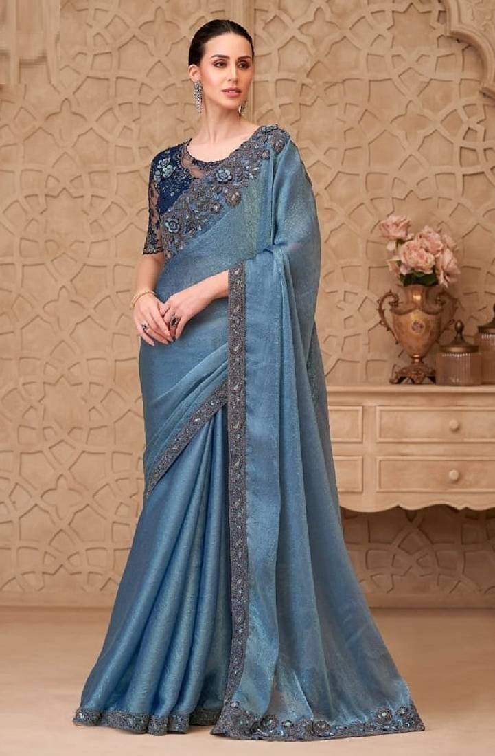 Blue silver georgette embroidered party-wear-saree