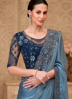 Blue silver georgette embroidered party-wear-saree 2