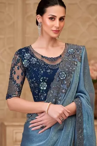 Blue silver georgette embroidered party-wear-saree