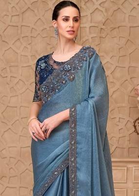 Blue silver georgette embroidered party-wear-saree 3
