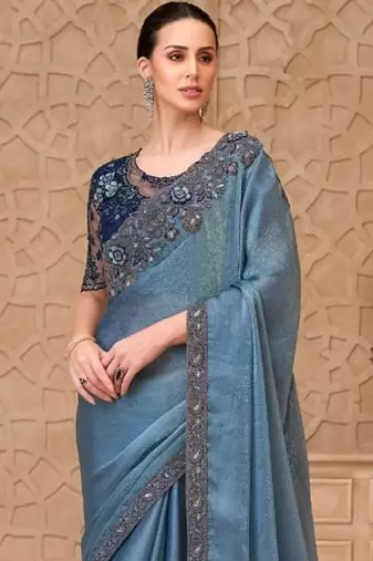 Blue silver georgette embroidered party-wear-saree