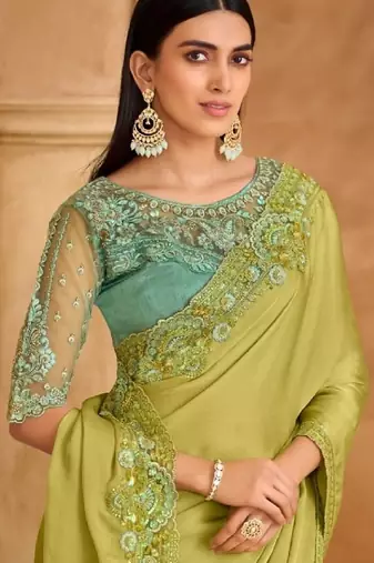 Pista green chiffon embroidered bridal-saree