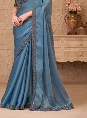 Blue silver georgette embroidered party-wear-saree 4