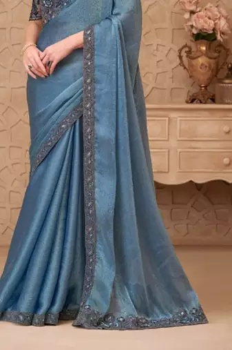 Blue silver georgette embroidered party-wear-saree