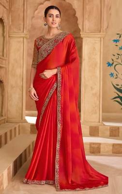 Orange red chiffon embroidered bridal-saree 1