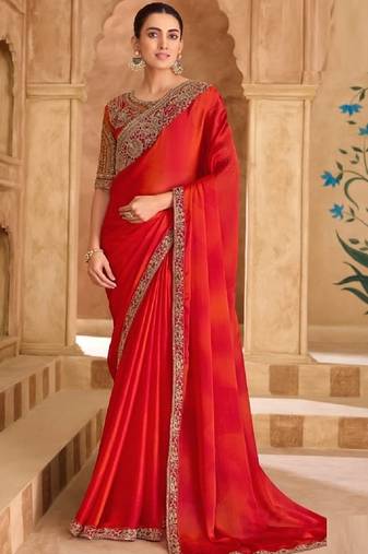 Orange red chiffon embroidered bridal-saree