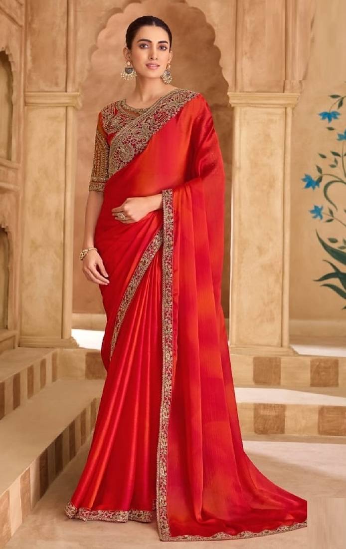 Orange red chiffon embroidered bridal-saree