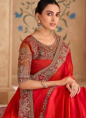 Orange red chiffon embroidered bridal-saree 2