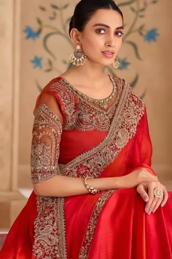 Orange red chiffon embroidered bridal-saree
