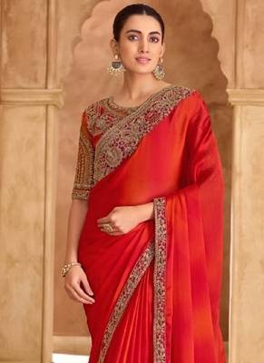 Orange red chiffon embroidered bridal-saree 3
