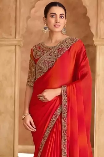 Orange red chiffon embroidered bridal-saree