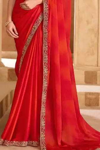 Orange red chiffon embroidered bridal-saree