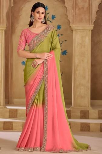 Peach mehendi georgette embroidered bridal-saree