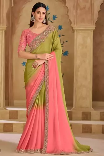 Peach mehendi georgette embroidered bridal-saree