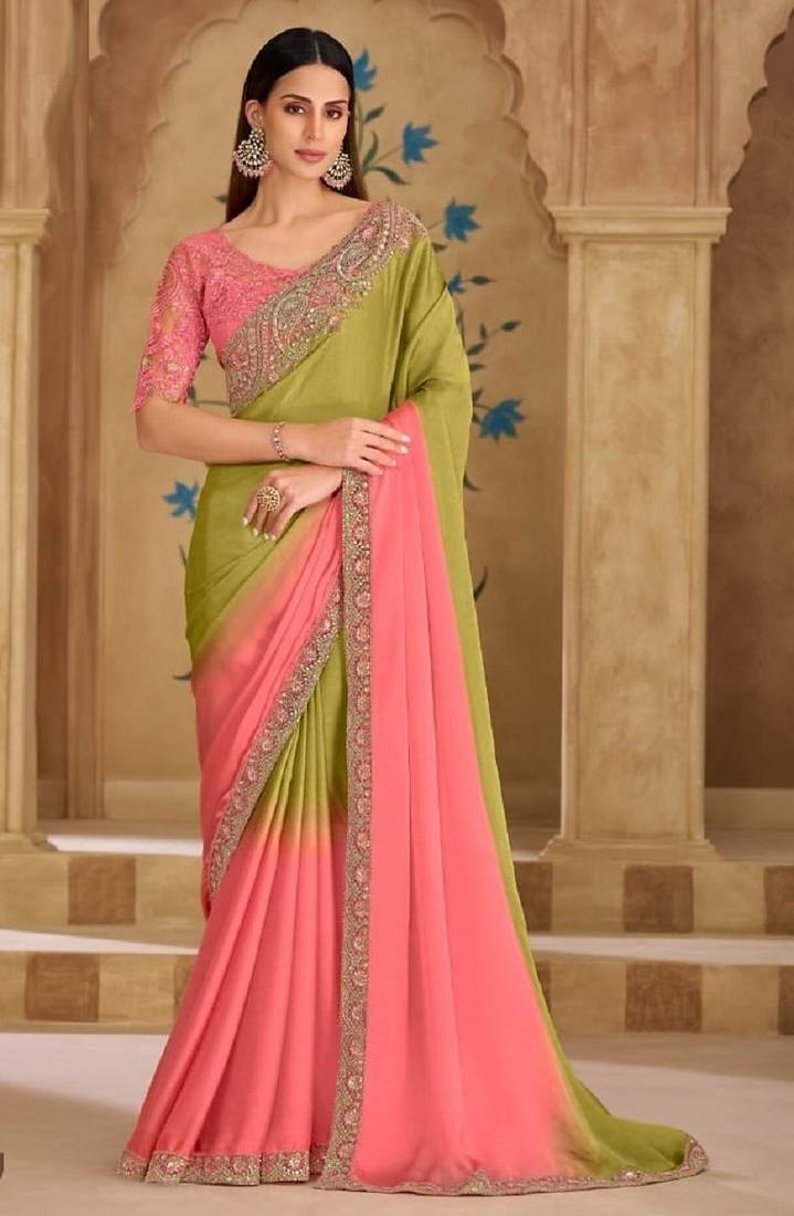 Peach mehendi georgette embroidered bridal-saree