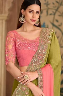 Peach mehendi georgette embroidered bridal-saree 2