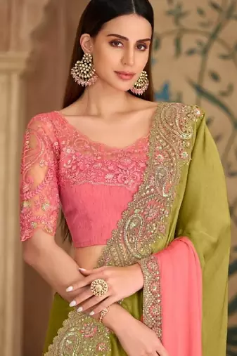 Peach mehendi georgette embroidered bridal-saree