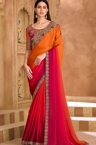 Orange pink chiffon embroidered -saree