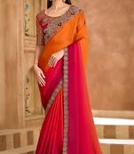 Orange pink chiffon embroidered -saree