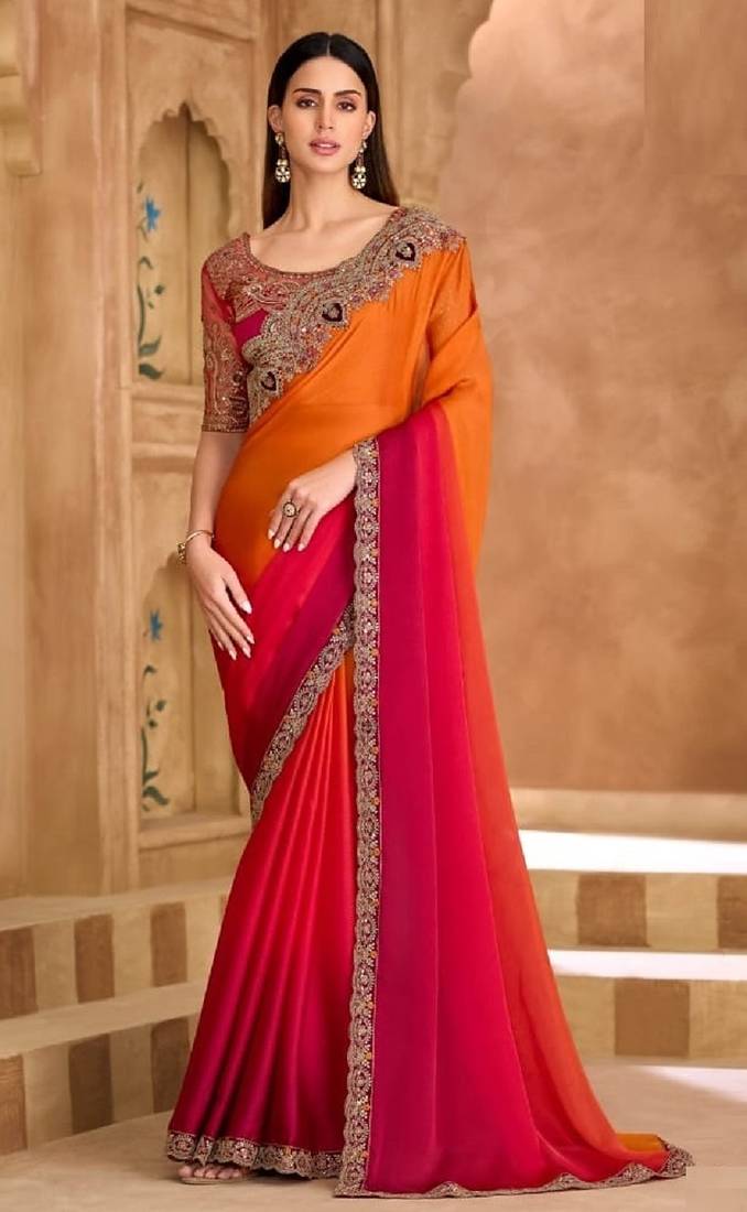 Orange pink chiffon embroidered -saree