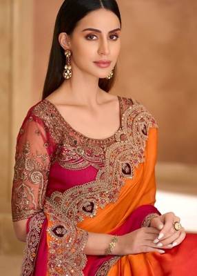 Orange pink chiffon embroidered -saree 2
