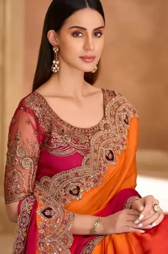 Orange pink chiffon embroidered -saree