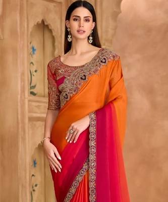 Orange pink chiffon embroidered -saree 3