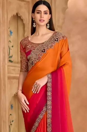 Orange pink chiffon embroidered -saree