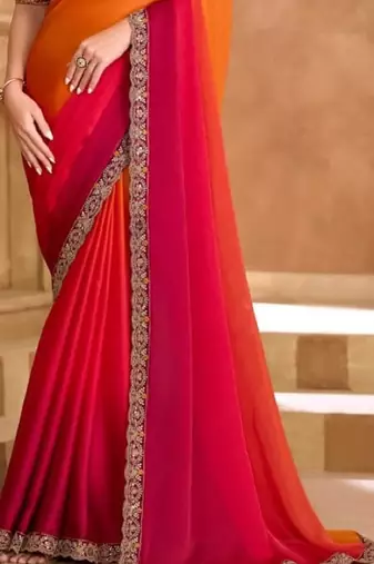 Orange pink chiffon embroidered -saree